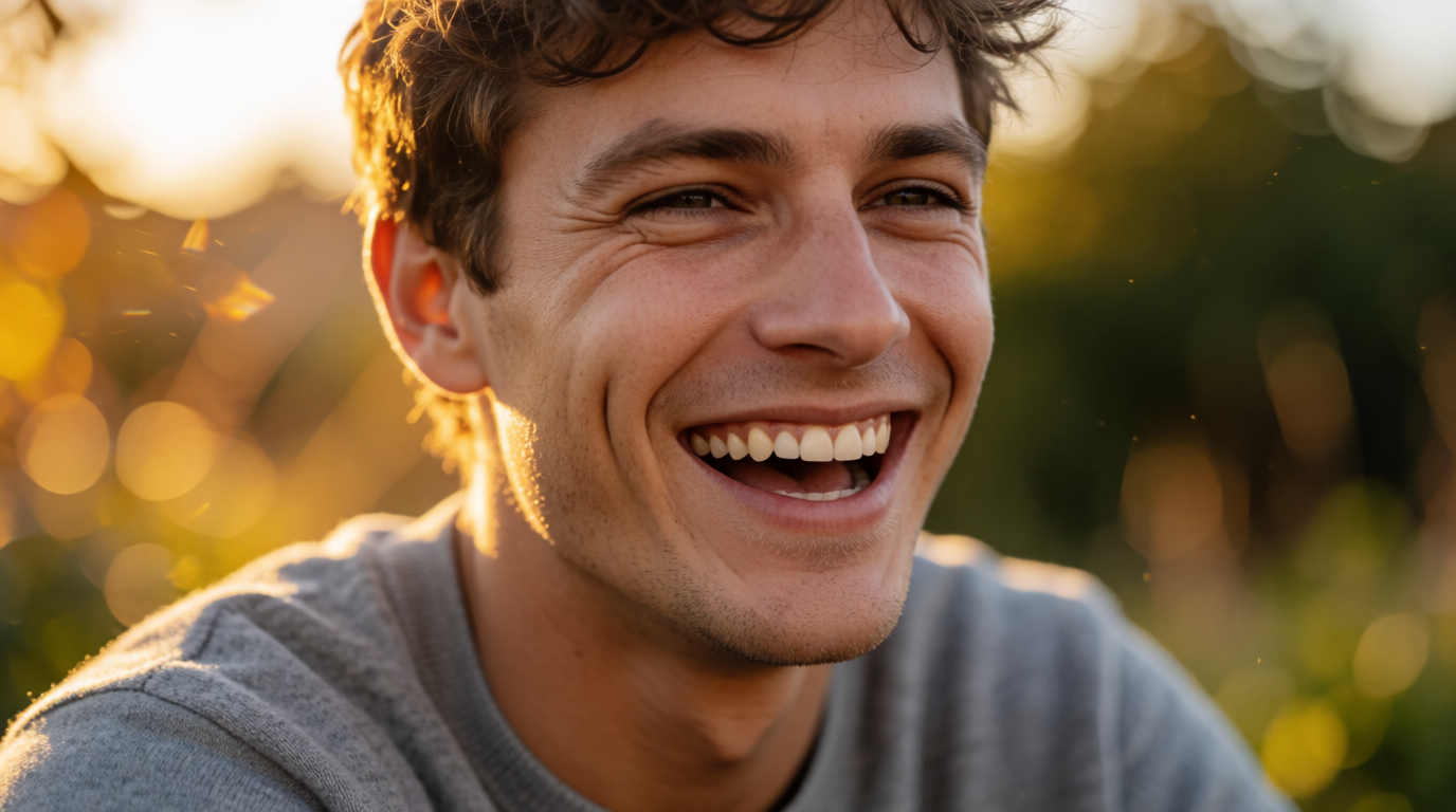 Candid portrait of a young man laughing in golden-hour light, a Krea 2 Turbo generation illustrating a portrait-enhancement use case, not a Remini output