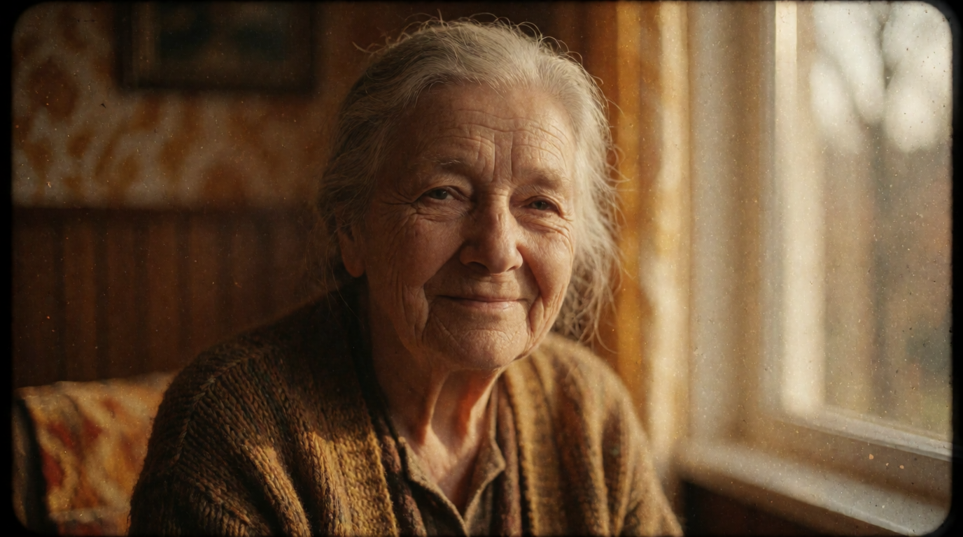 Vintage-style portrait of an elderly woman, a Krea 2 Turbo generation illustrating a photo-restoration use case, not a Topaz Photo AI output