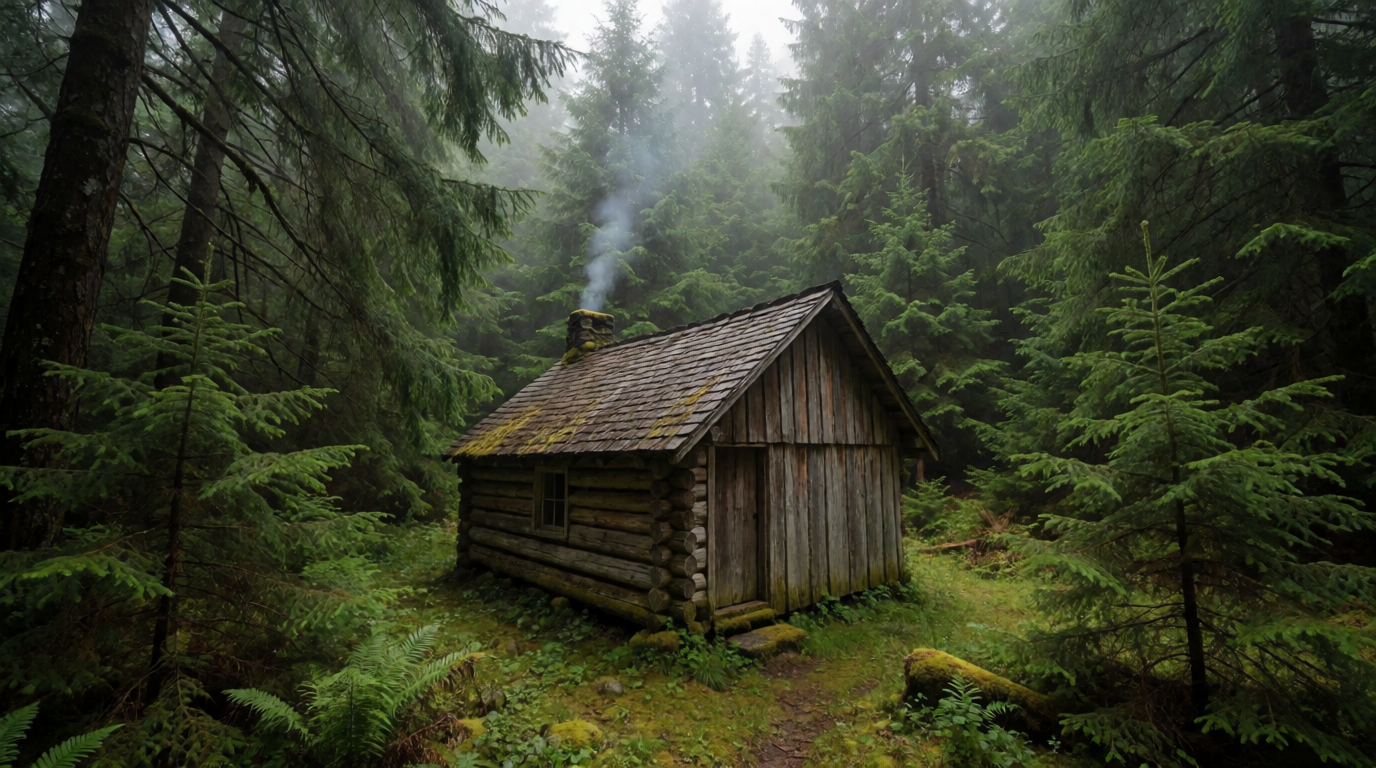 Forest landscape with a wooden cabin in morning mist, a Krea 2 Turbo generation illustrating a nature-photography use case, not an Upscayl output