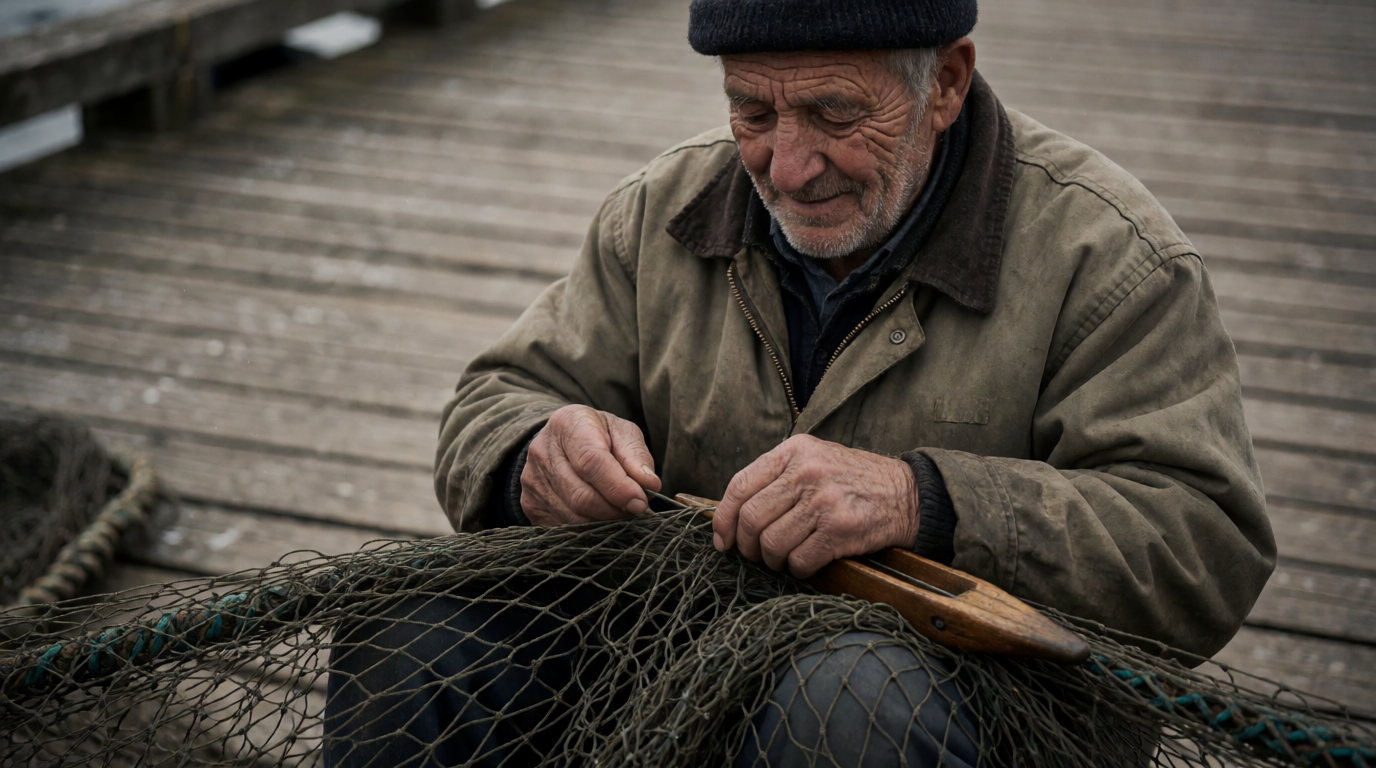 Elderly fisherman mending a net on a wooden dock at golden hour, generated with Krea 2 Turbo from the prompt above