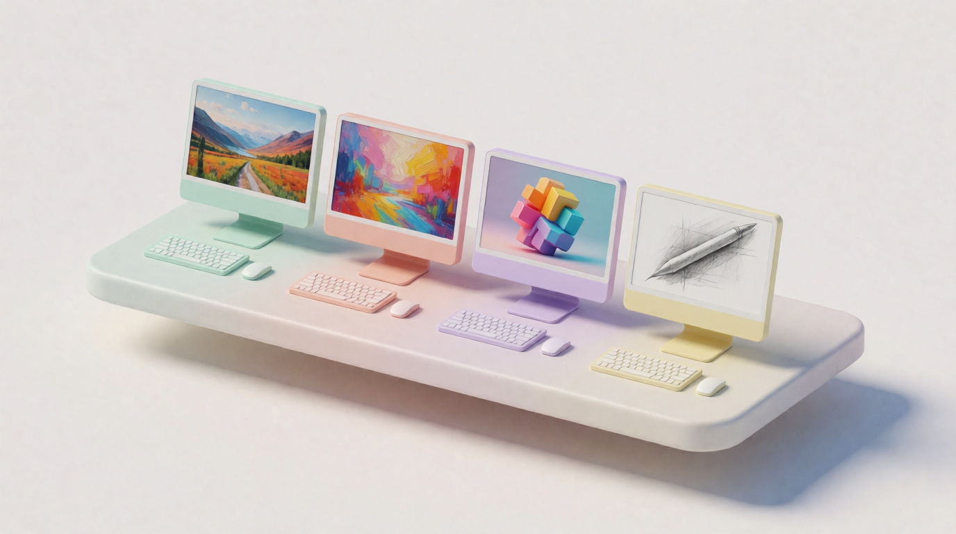 Four small isometric creative workstations, each showing a different art style, a Krea 2 Turbo illustration