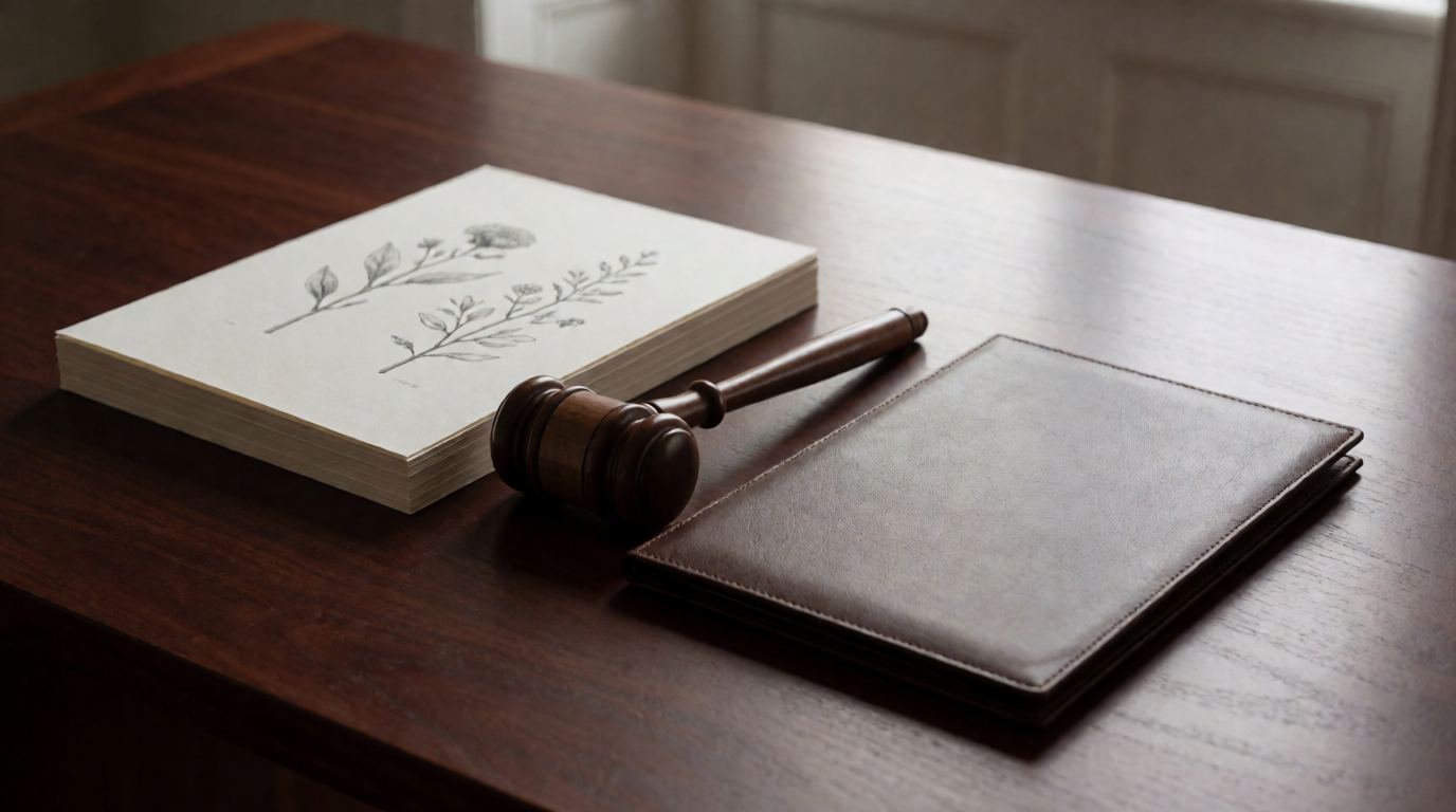A wooden gavel beside a stack of printed illustrations on a mahogany desk, a neutral Krea 2 Turbo still life