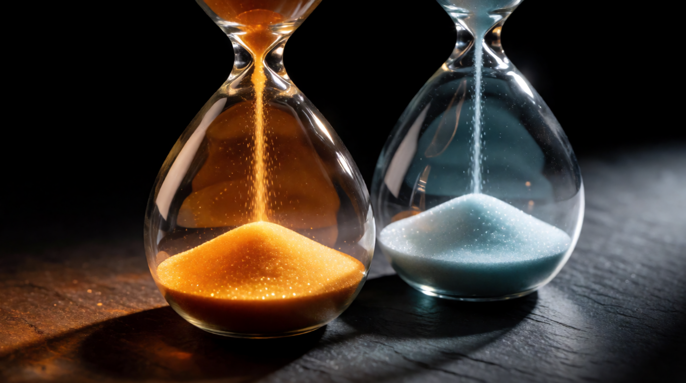 Two hourglasses, one running fast with amber sand and one slow with blue sand, a Krea 2 Turbo image used to illustrate Fast and Relax GPU time