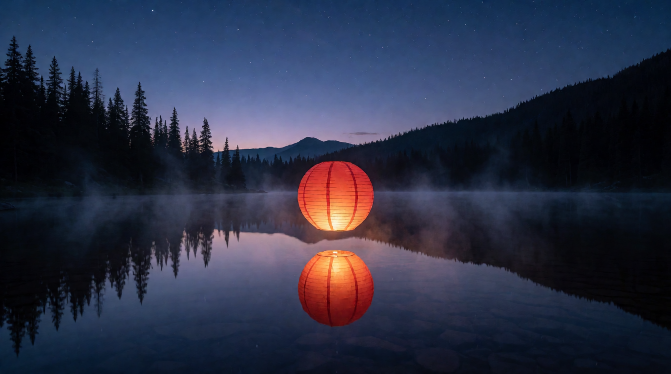 A red paper lantern floating above a still mountain lake at dusk, a Krea 2 Turbo image that stands in for the kind of still you would animate