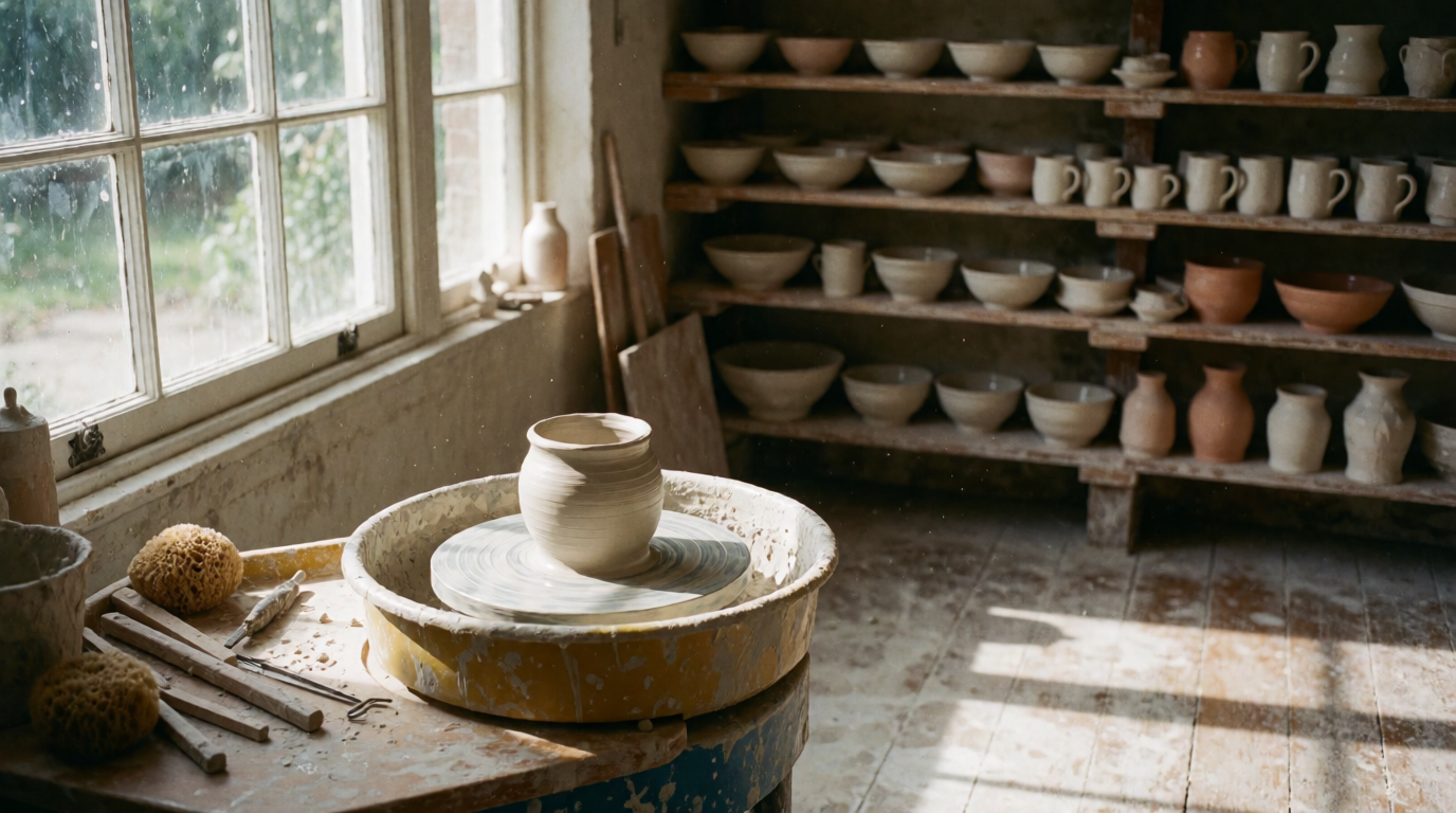 Photorealistic sunlit ceramics studio generated with Krea 2 Turbo from the prompt above