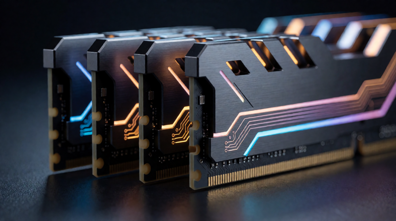 A close-up of computer RAM memory modules glowing with blue and amber light on a dark desk