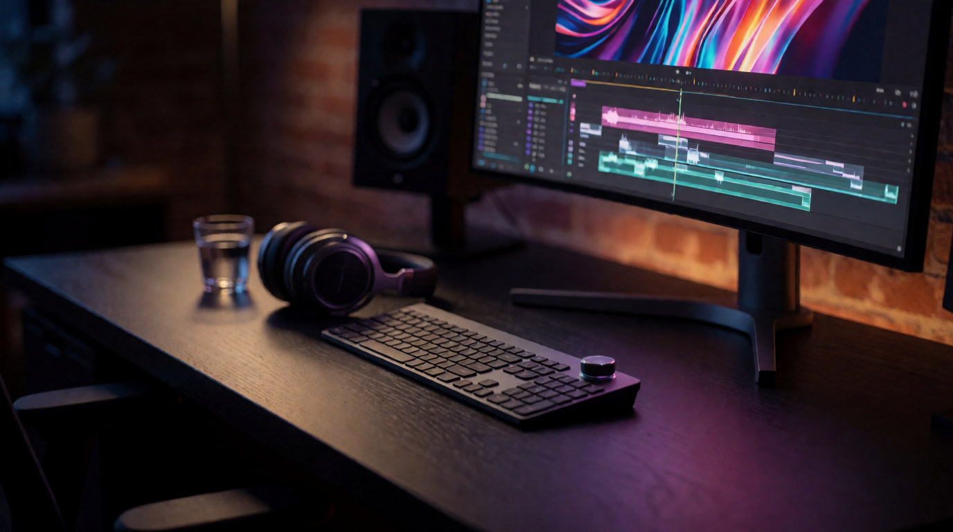 A video editor's desk at night with a monitor showing a colorful abstract waveform and timeline scrubber
