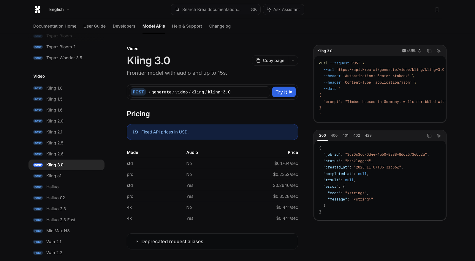 Kling 3.0 in Krea's API reference: the endpoint, per-second pricing by mode, and a copyable request.