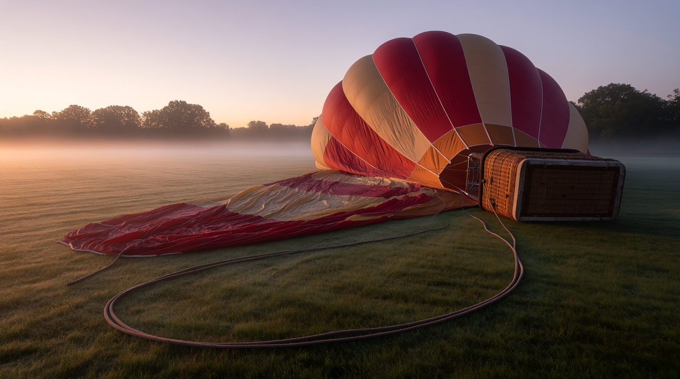 The balloon collapsed across the field at dawn