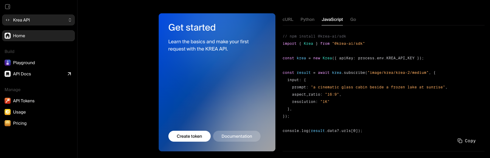 The Krea API console: the Get started panel walks from Create token to the first request.