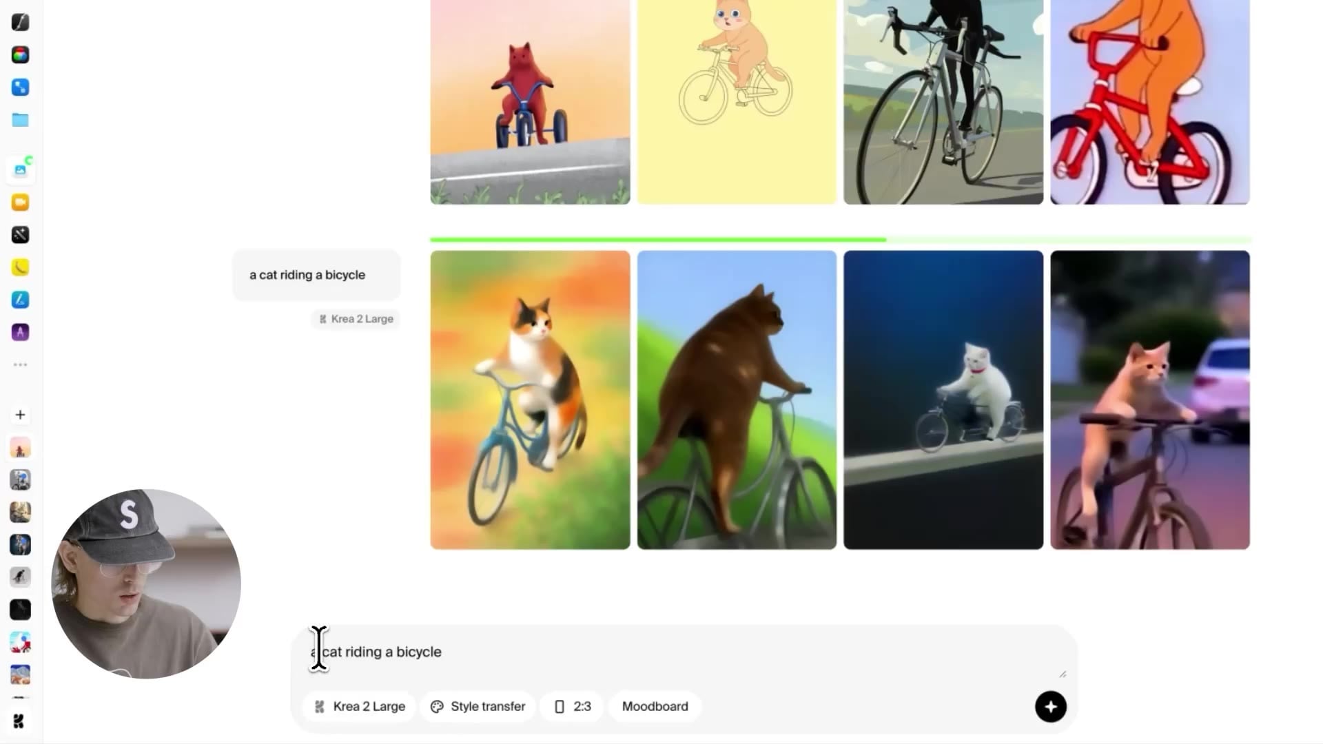 A cat riding a bicycle — Krea 2 returning a wide spread of interpretations on a vague prompt