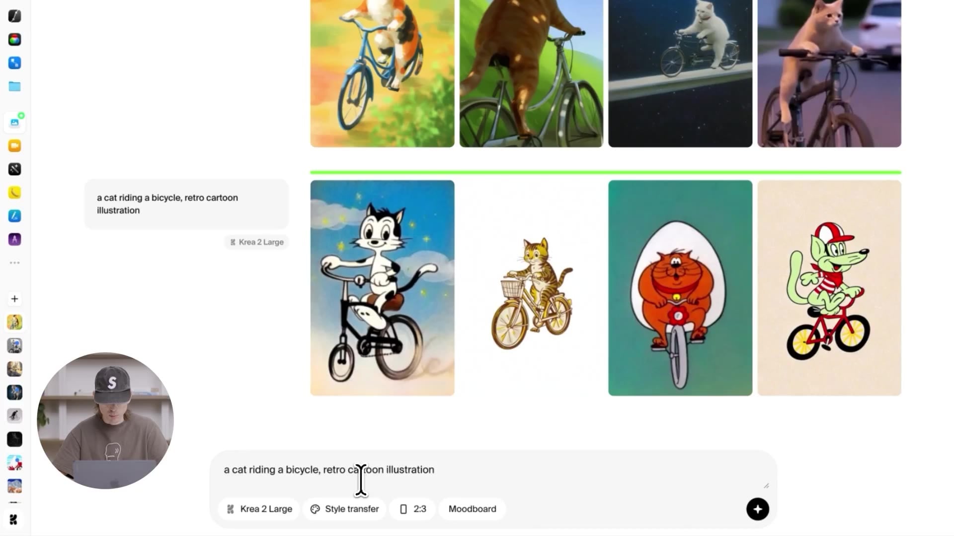 Retro cartoon illustration variations of the same cat-on-bicycle prompt