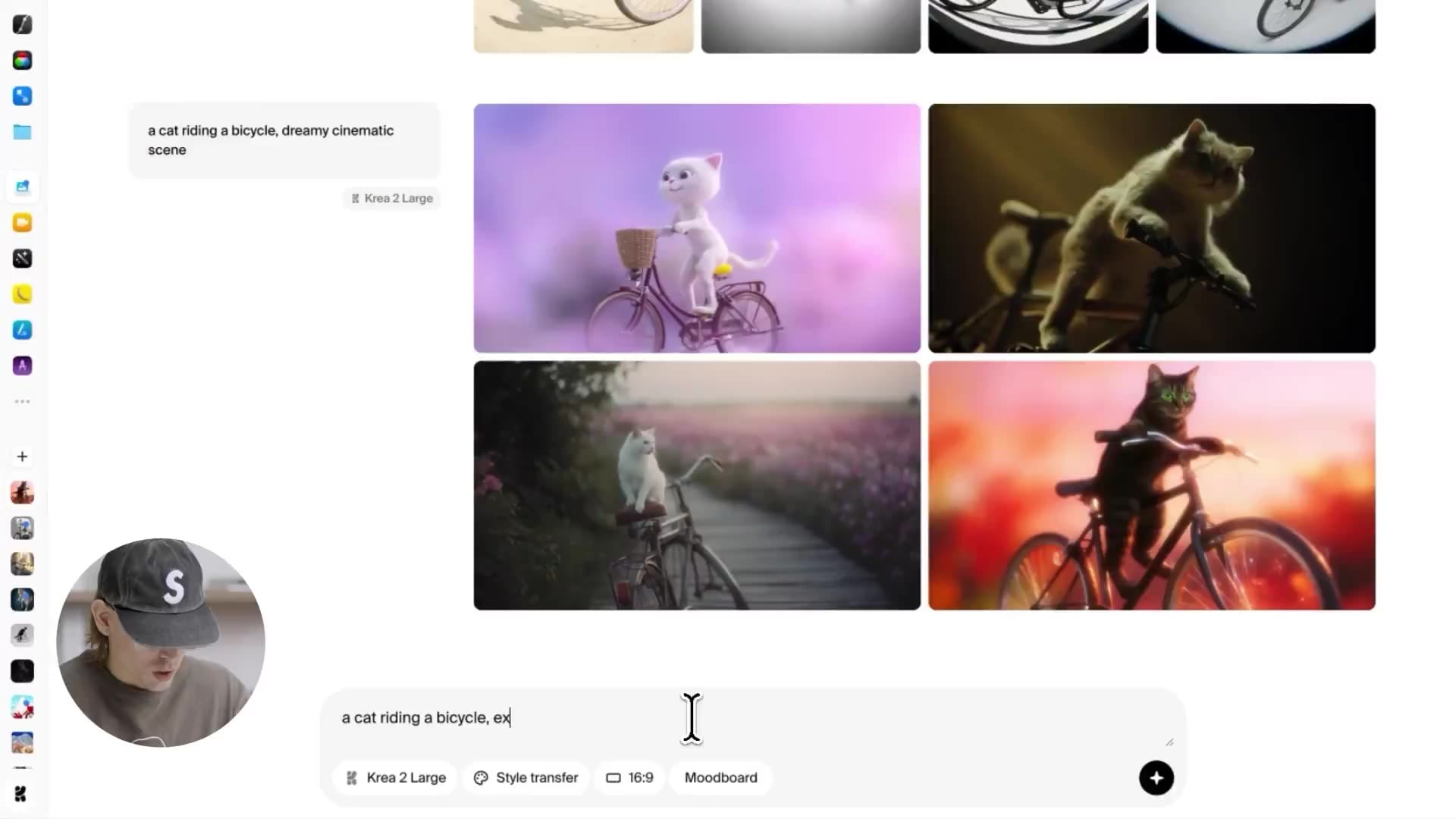 Dreamy cinematic 16:9 generations of the cat-on-bicycle prompt
