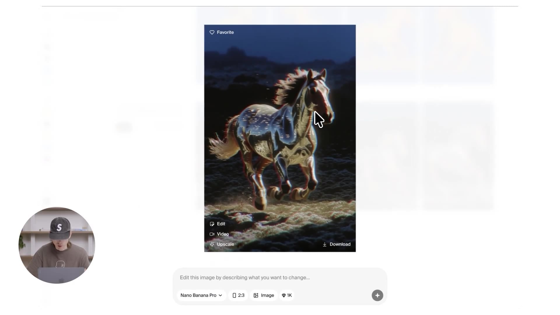 Two-reference combo: knight at 70%, illustration at 50% — chrome horse with painted artifacts