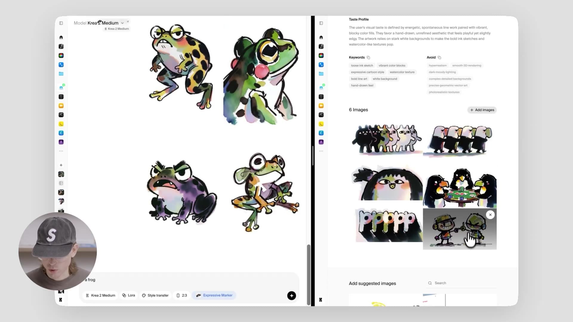 Expressive marker moodboard preset — character-driven illustrative frogs