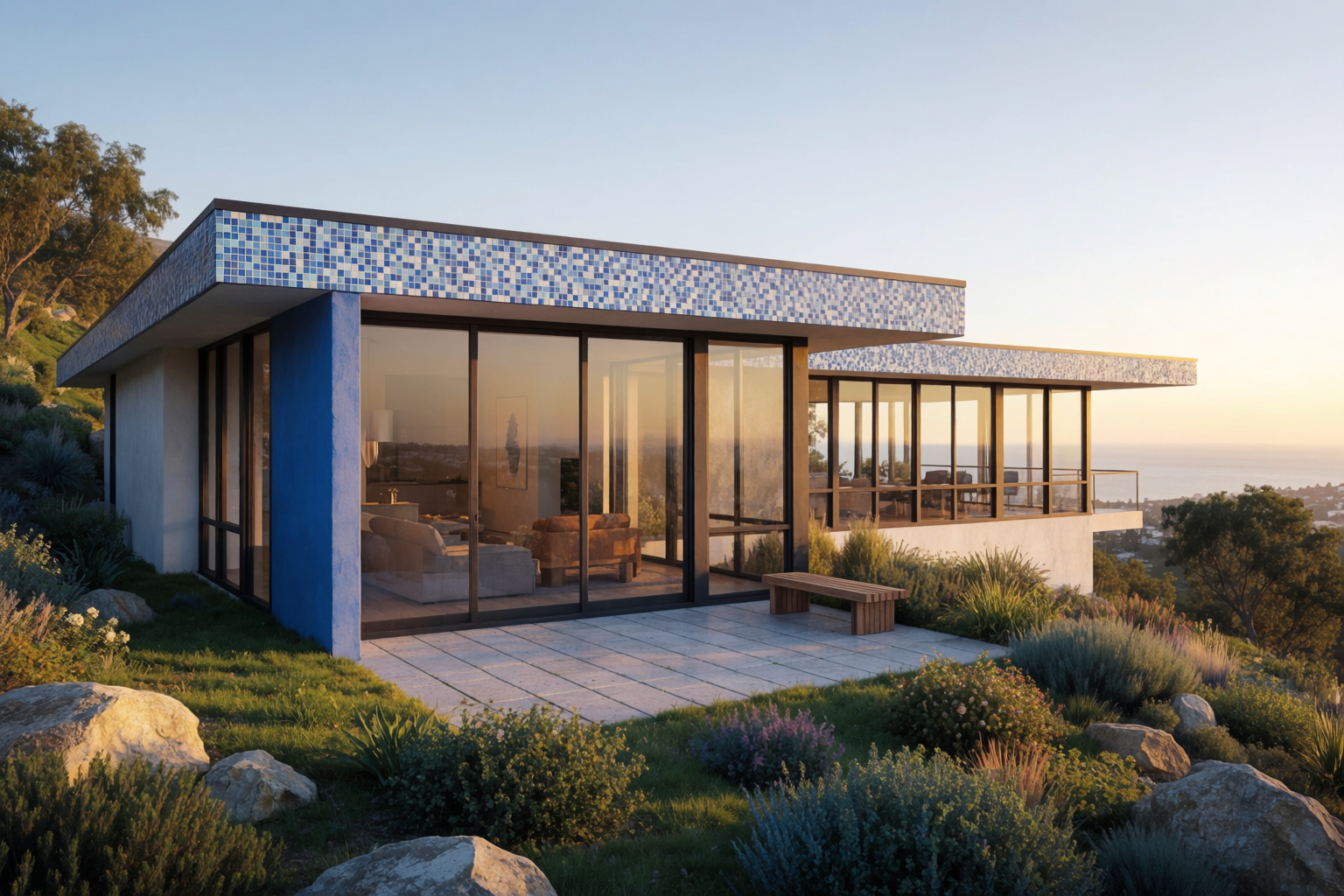 Photoreal modernist hillside villa at golden hour, finished from a rough sketch