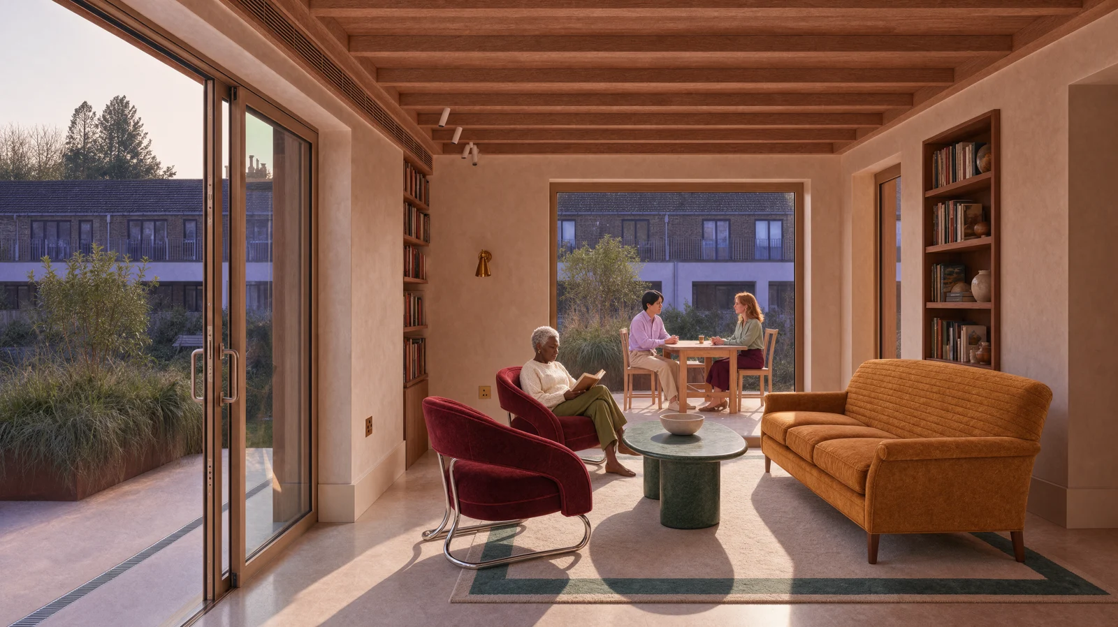 The same living room with the saffron sofa, oxblood chairs and green marble table