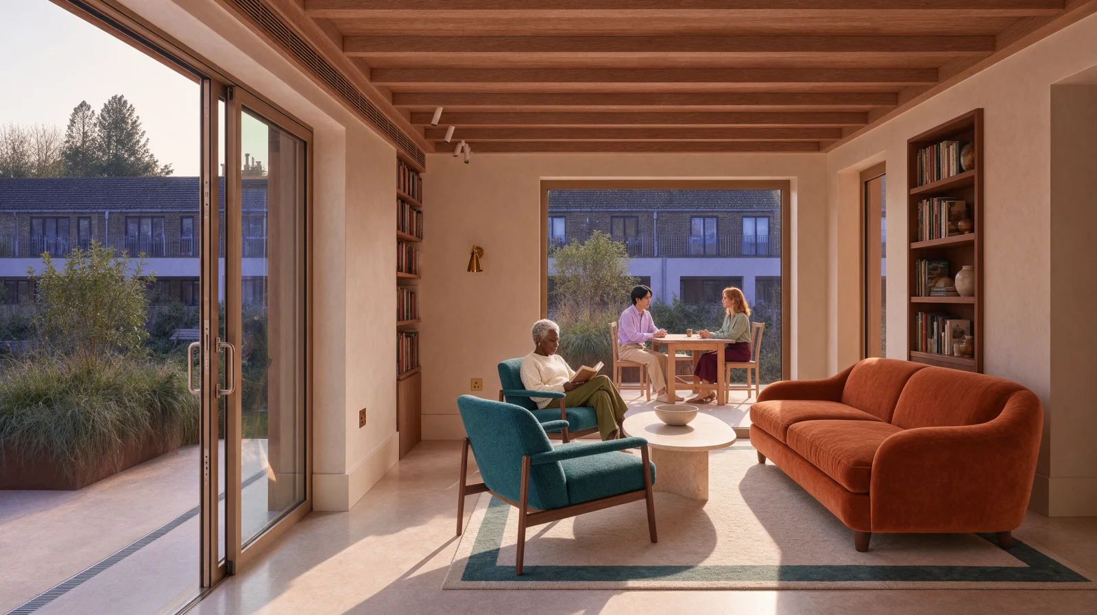 Living room with an orange sofa and two petrol chairs
