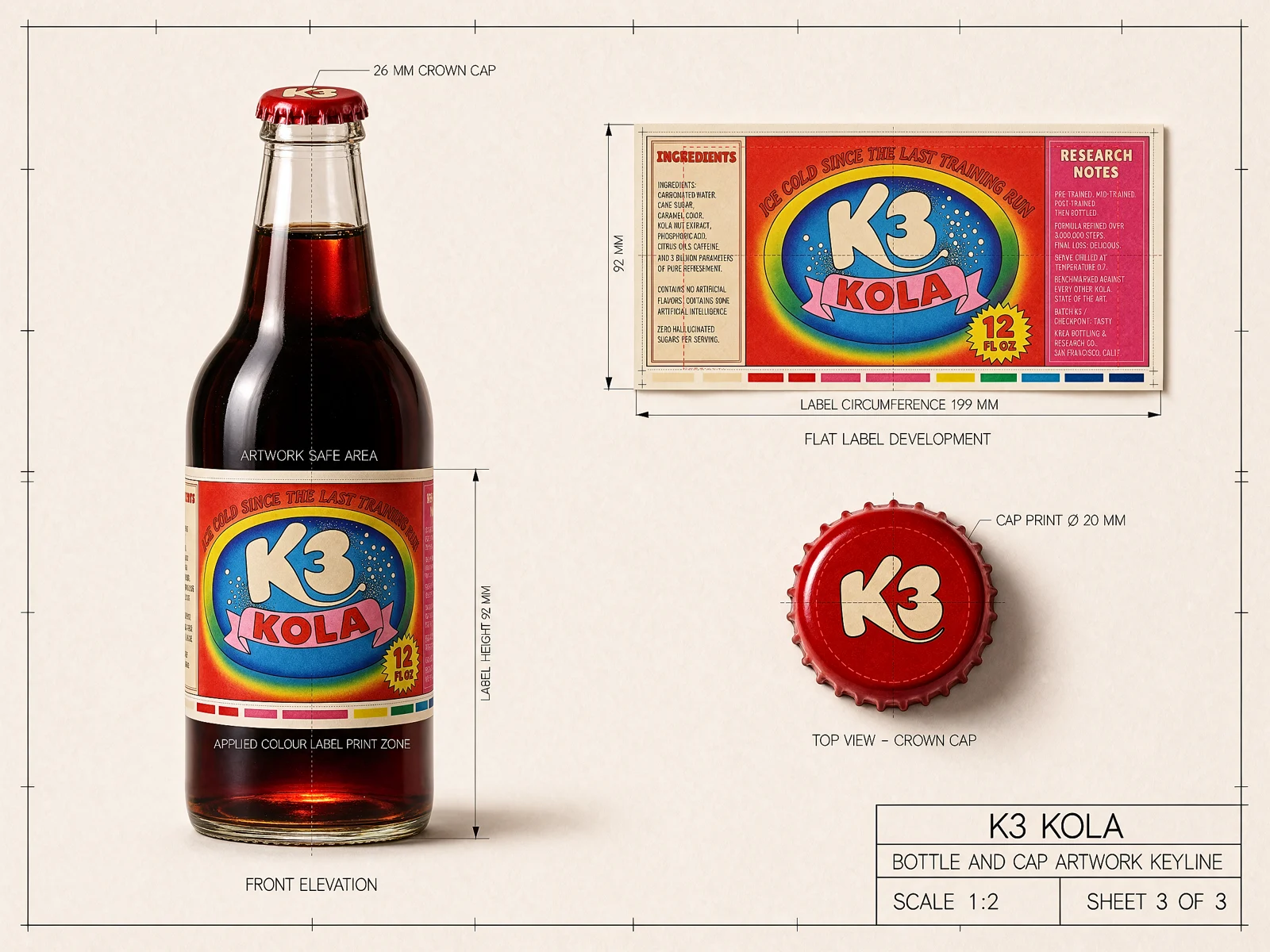 The same sheet with a photoreal K3 Kola bottle, label and cap