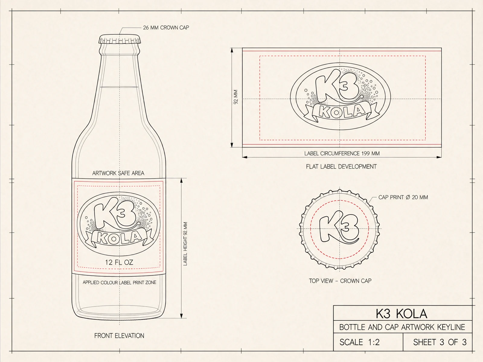 Technical drawing of a glass bottle, label and cap