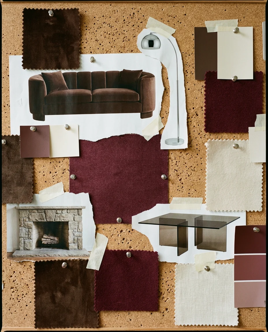Interior moodboard with a velvet sofa, lamp, carpet and swatches