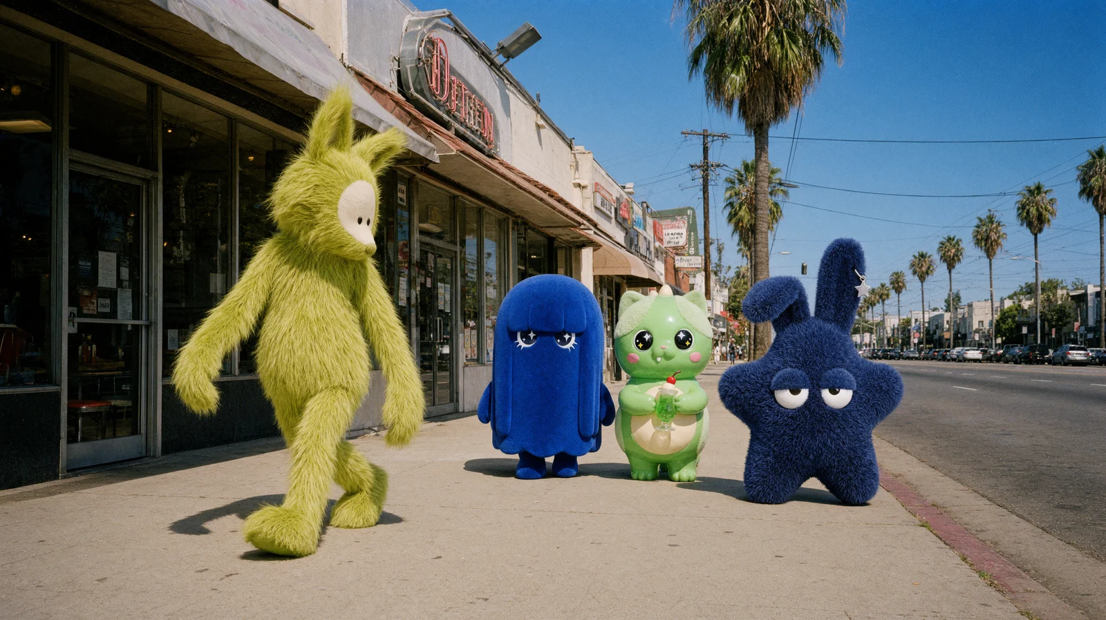 Four plush characters on a sunny Los Angeles sidewalk, made with Krea 3