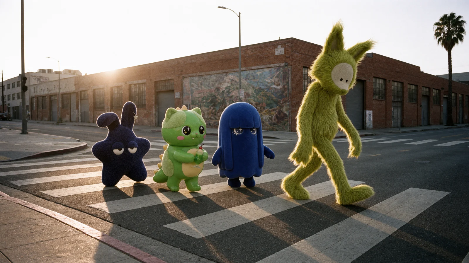The four plush characters cross a street at golden hour