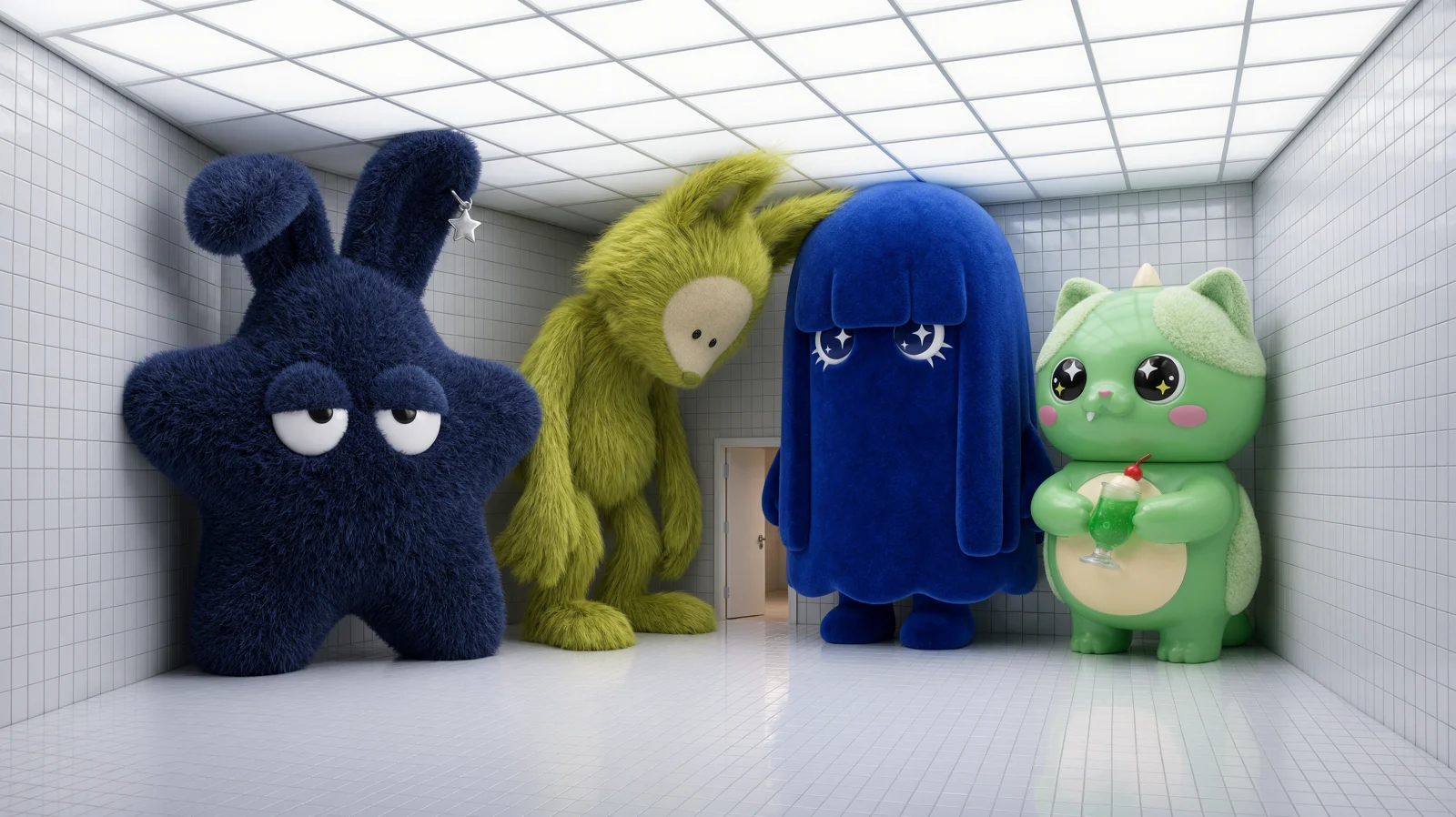 The four characters as giants in a white tiled room
