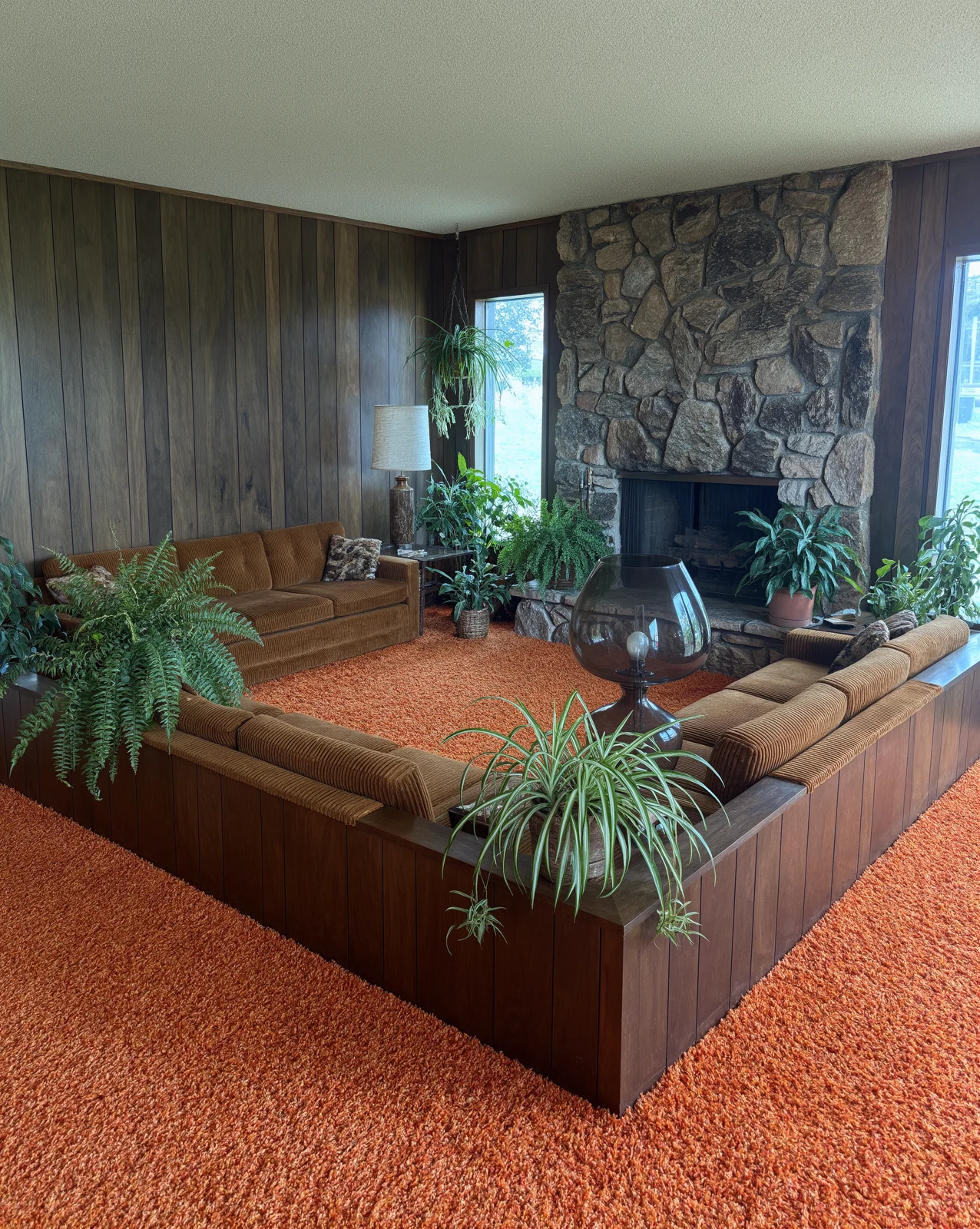 The same sunken living room as a sharp modern photograph