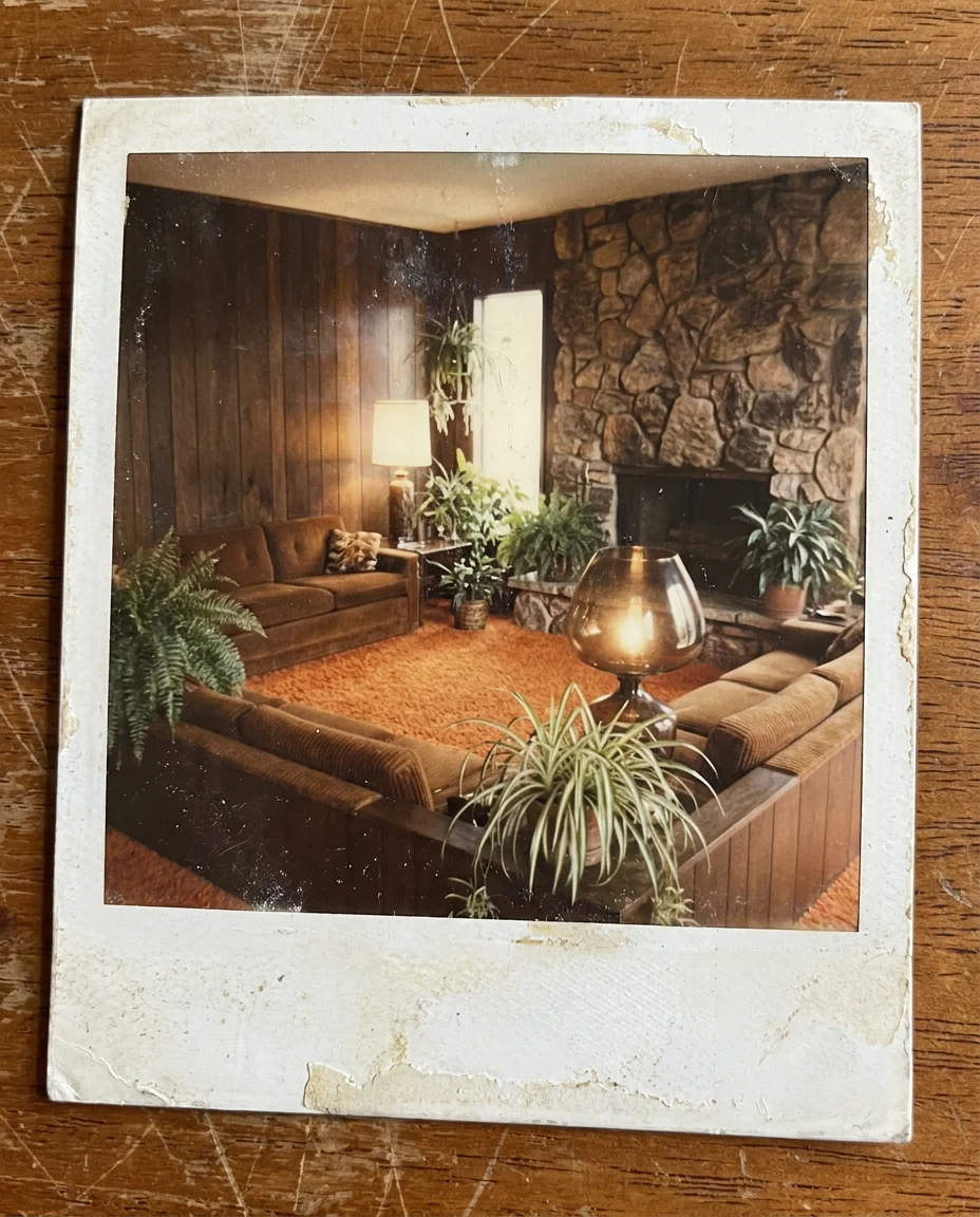 Faded 1970s polaroid of a sunken living room