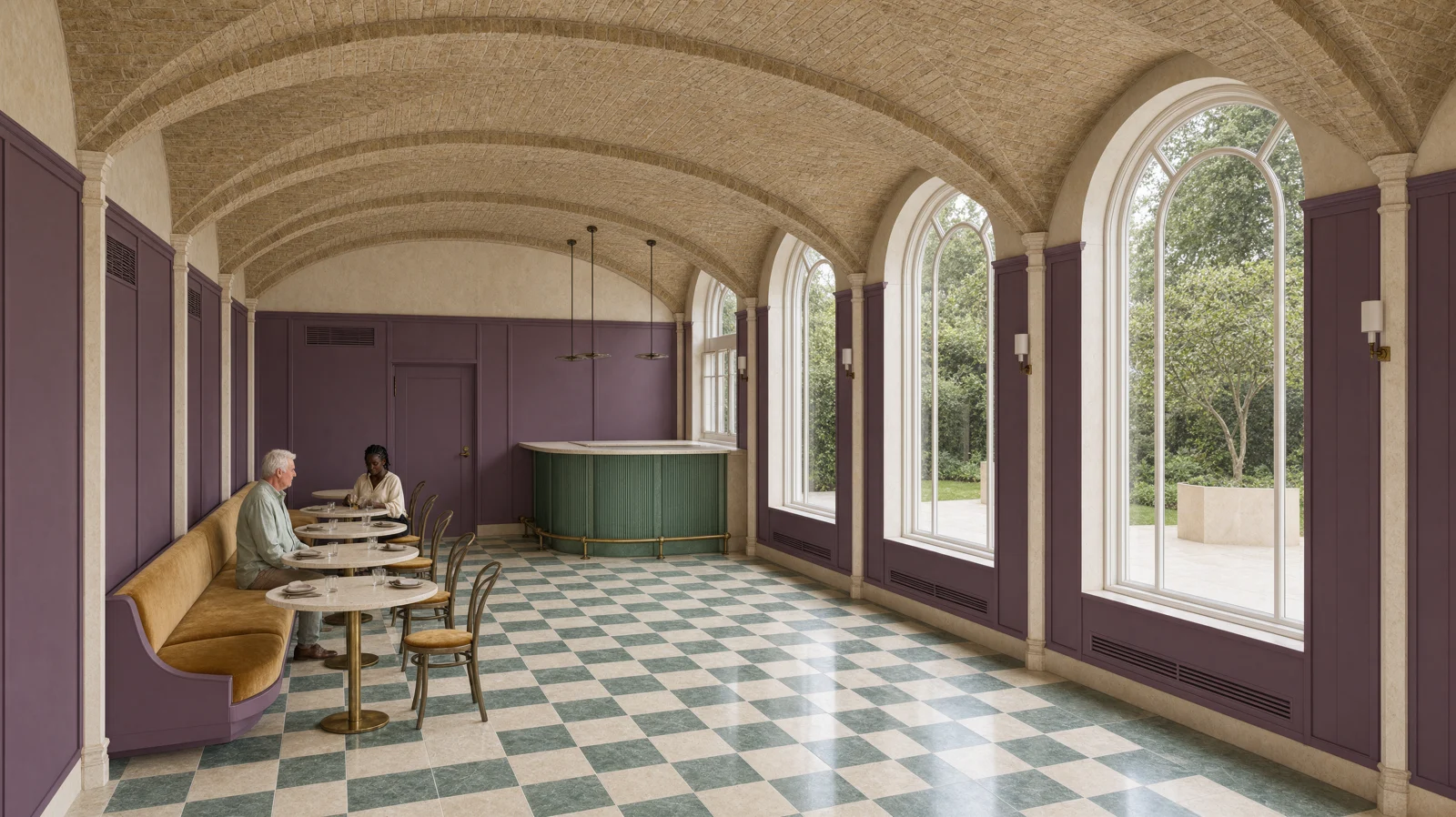 Photoreal vaulted restaurant with aubergine panels, brick vaults and a checkerboard floor