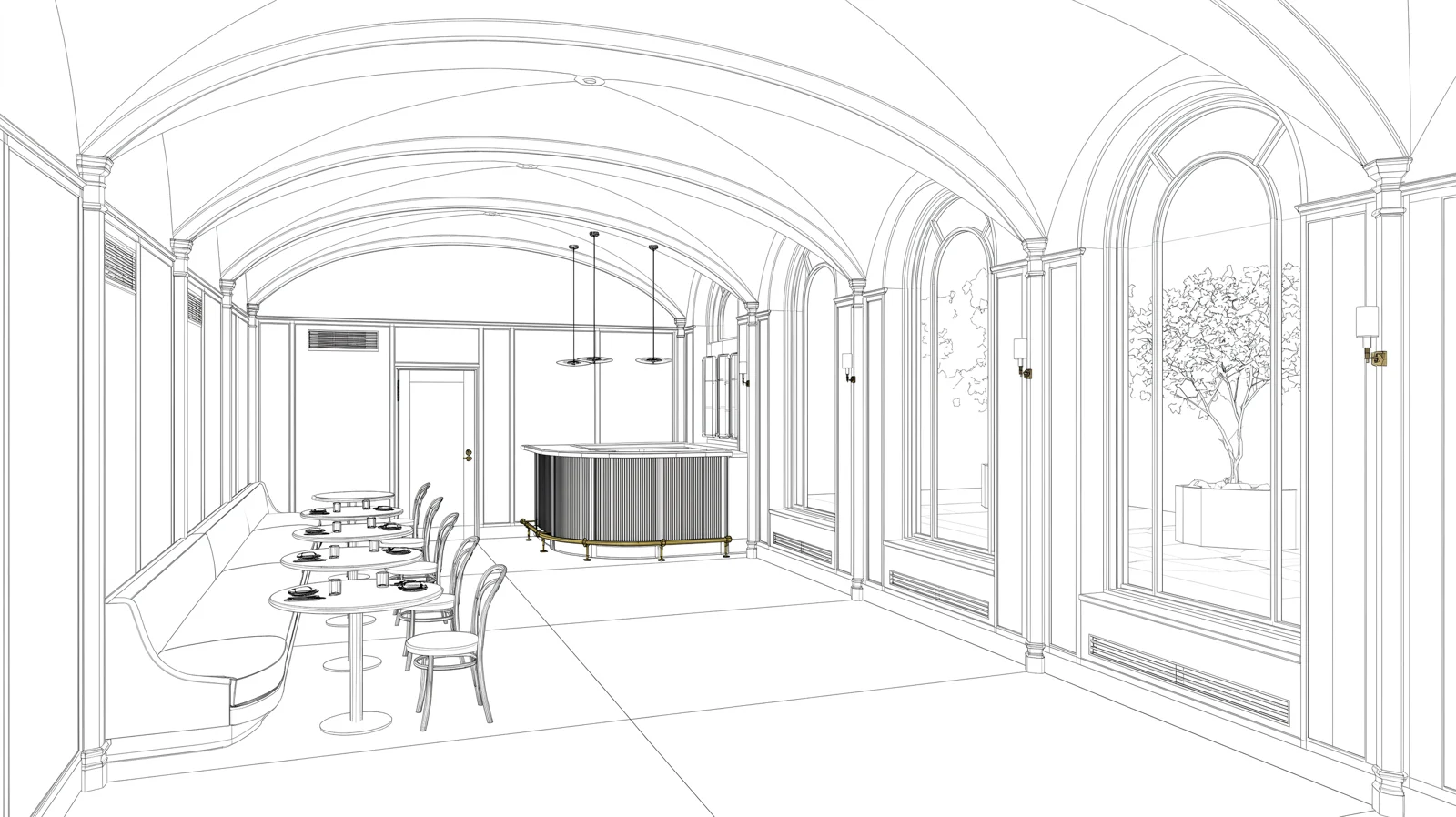 Hidden-line drawing of a vaulted restaurant