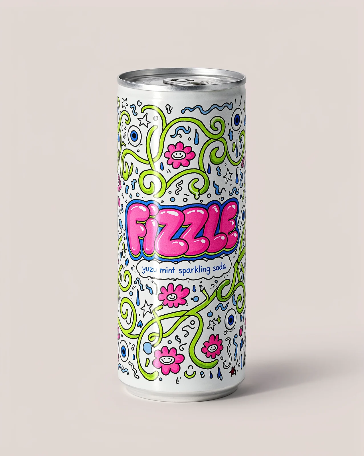 White Fizzle soda can with a doodle label on a plain background