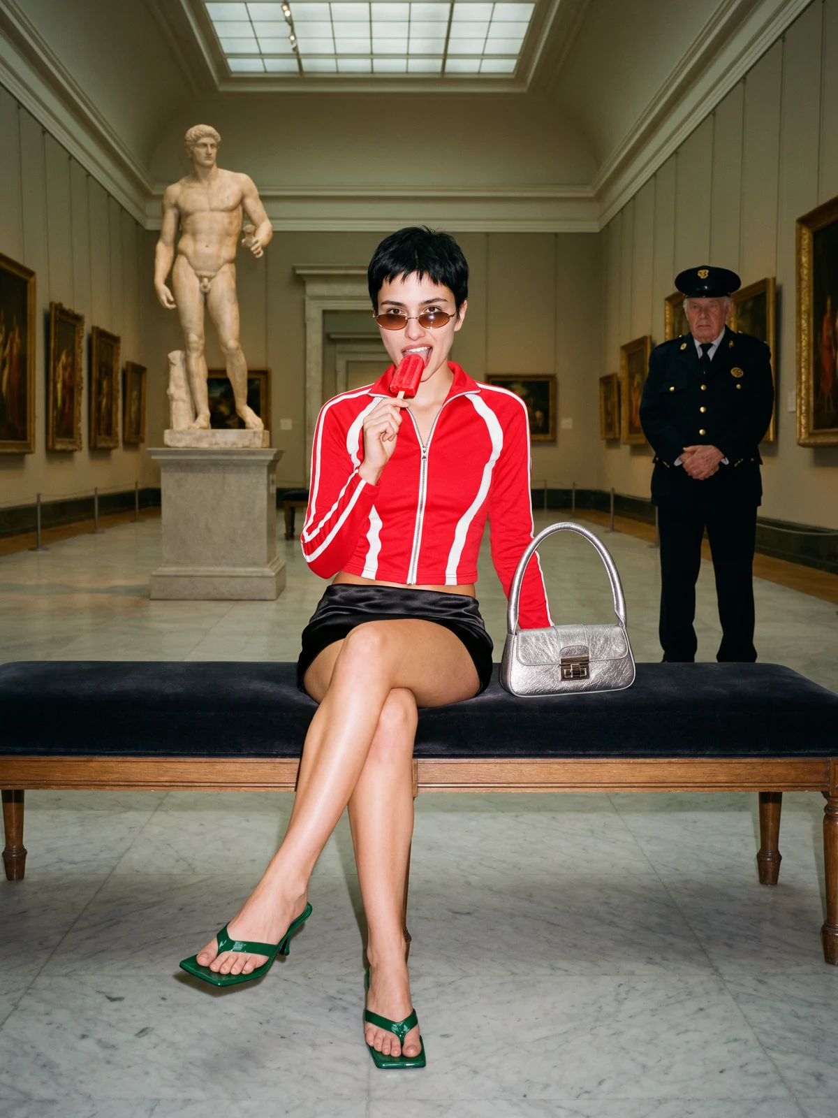 The same woman in a classical museum gallery