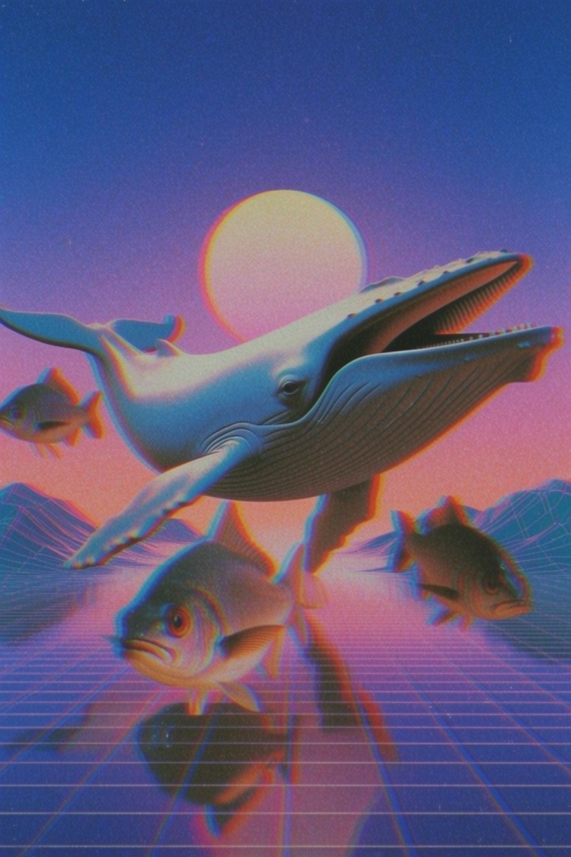 Flying whale with fish, Analog Neon Glitchwave moodboard