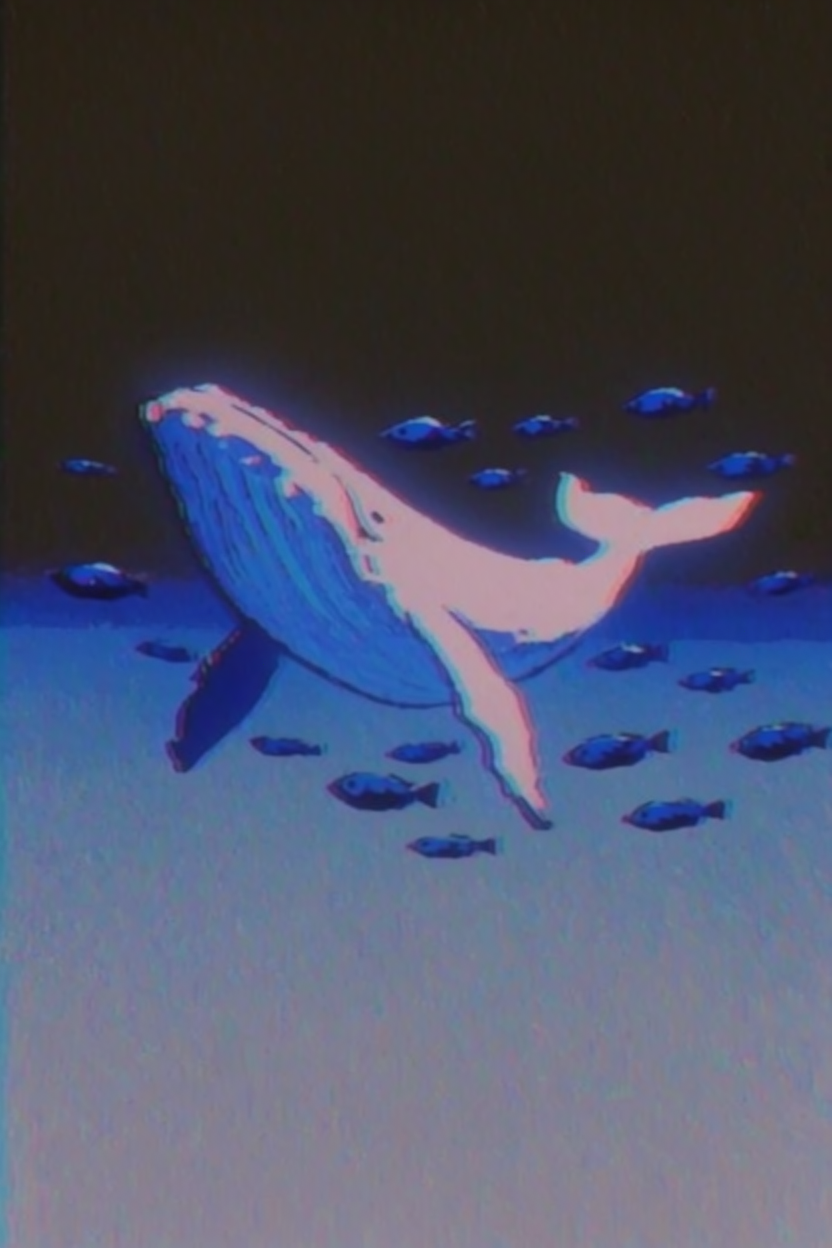 Flying whale with fish, Analog Neon Glitchwave moodboard