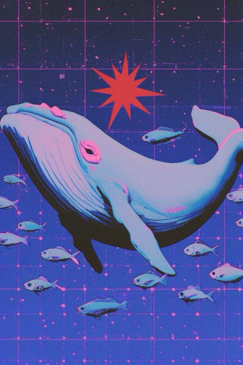 Flying whale with fish, Analog Neon Glitchwave moodboard