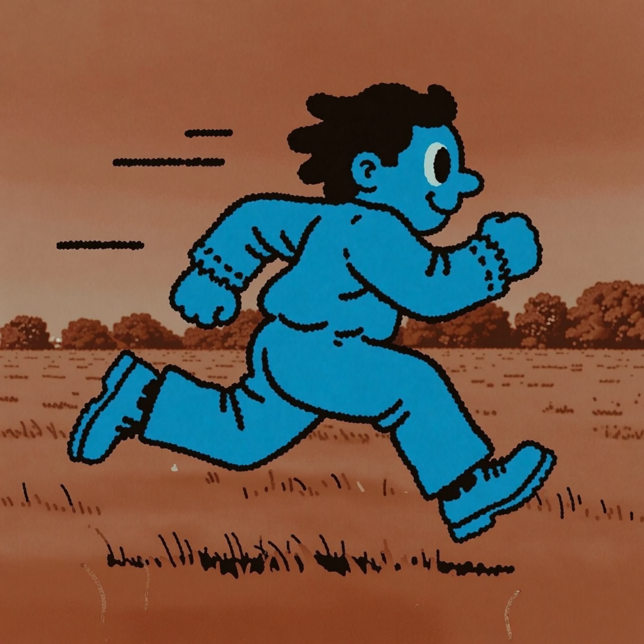 Style reference — blue cartoon figure running sideways through a grass field