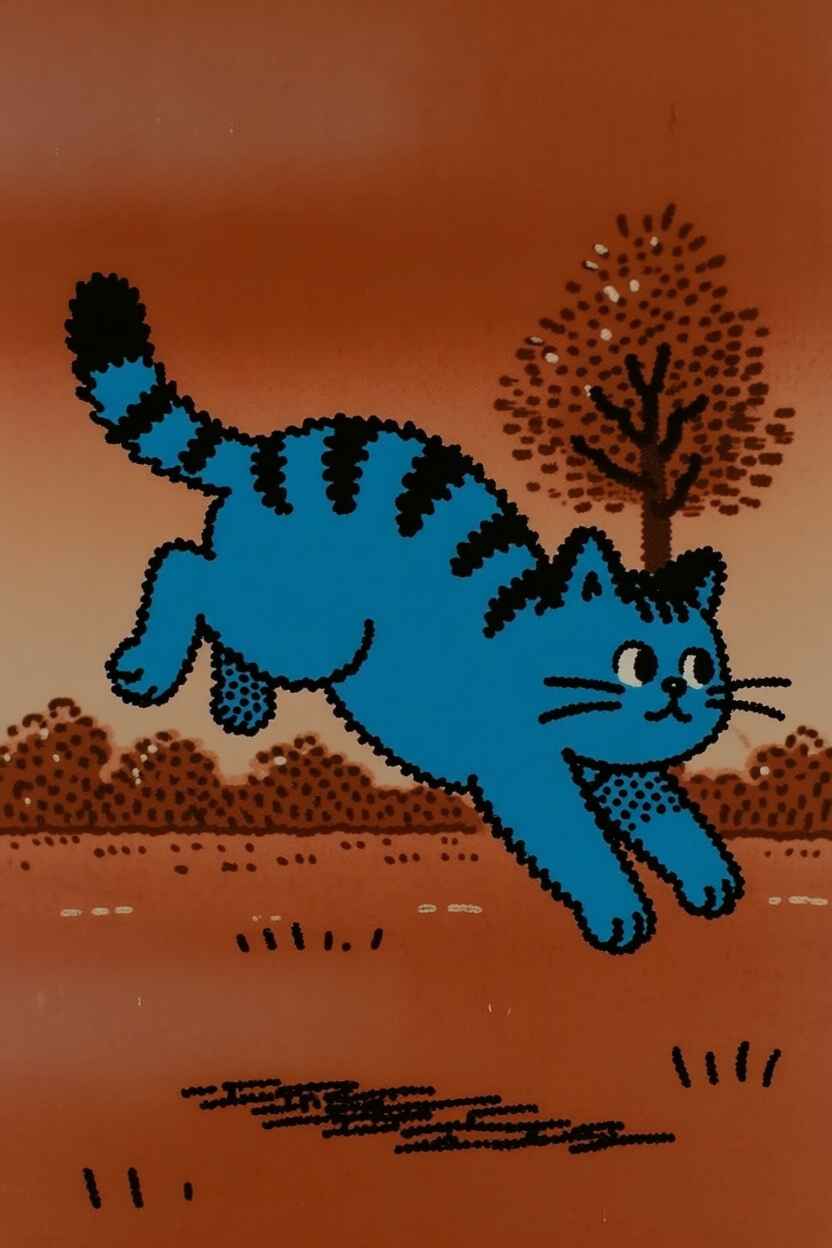 A cat jumping sideways, style-transferred from blue cartoon reference