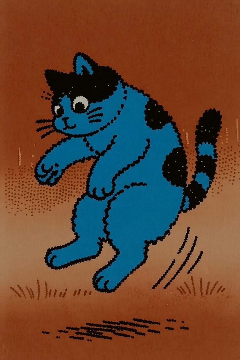 A cat jumping sideways, style-transferred from blue cartoon reference