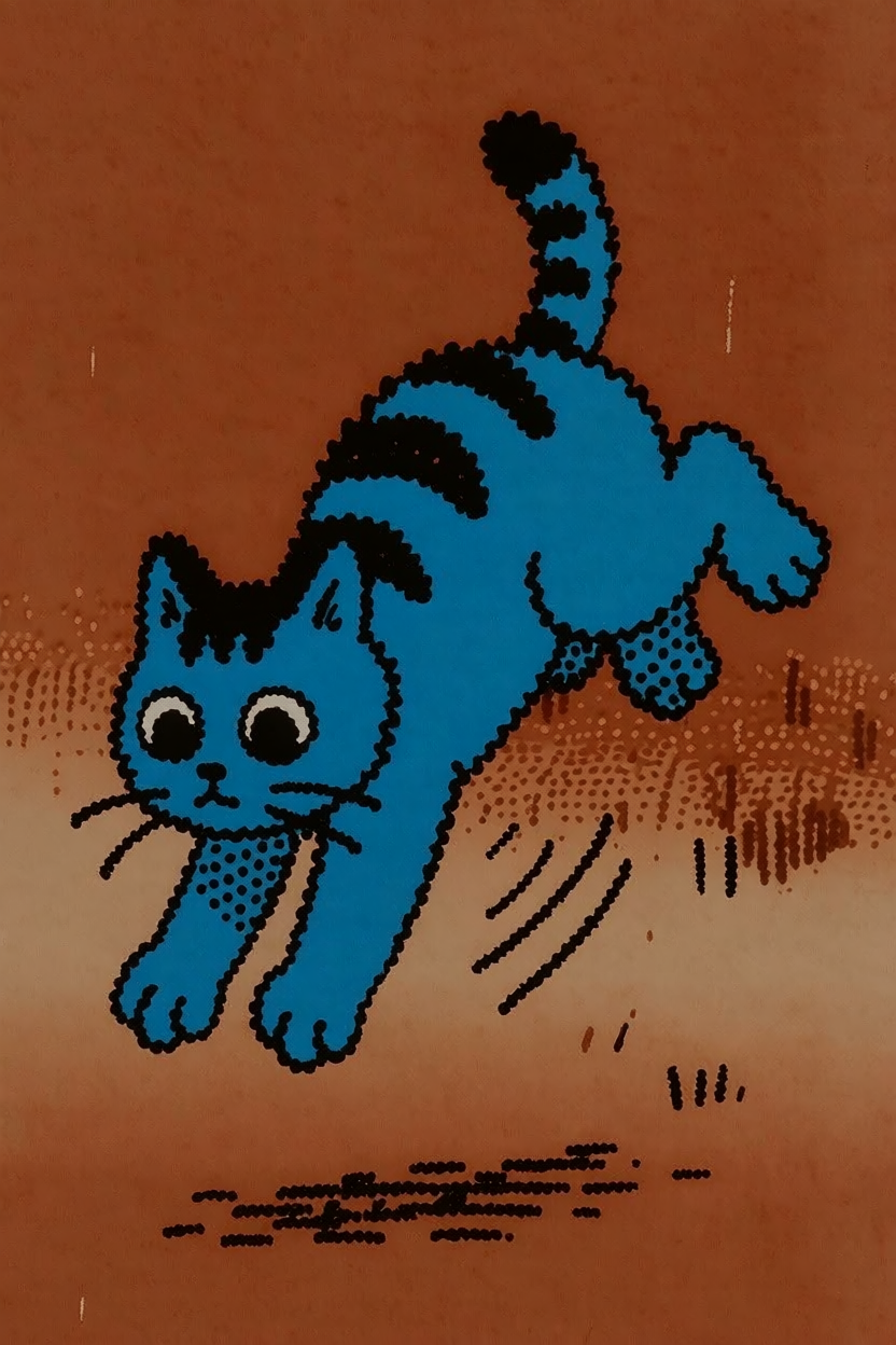 A cat jumping sideways, style-transferred from blue cartoon reference