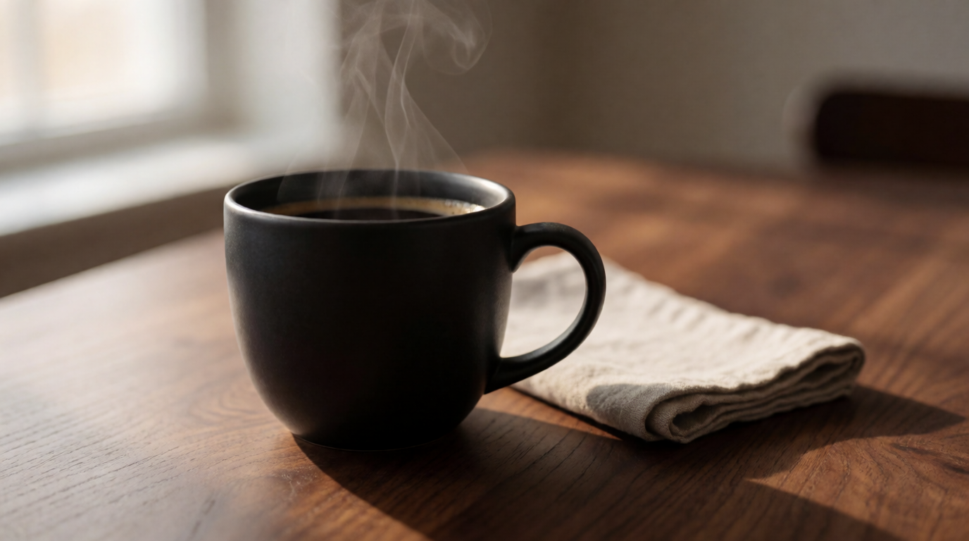 Photorealistic black coffee mug on a walnut table, generated with Krea 2 Turbo from the prompt above