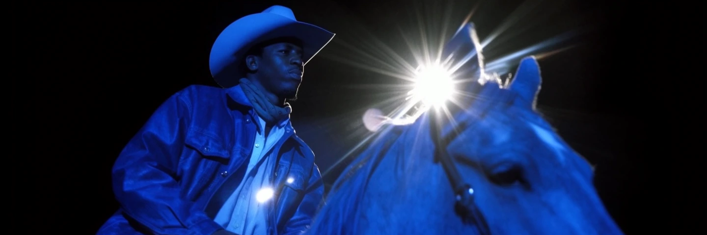 Krea 2 image generators: cowboy on a white horse under a blue spotlight, generated with Krea 2
