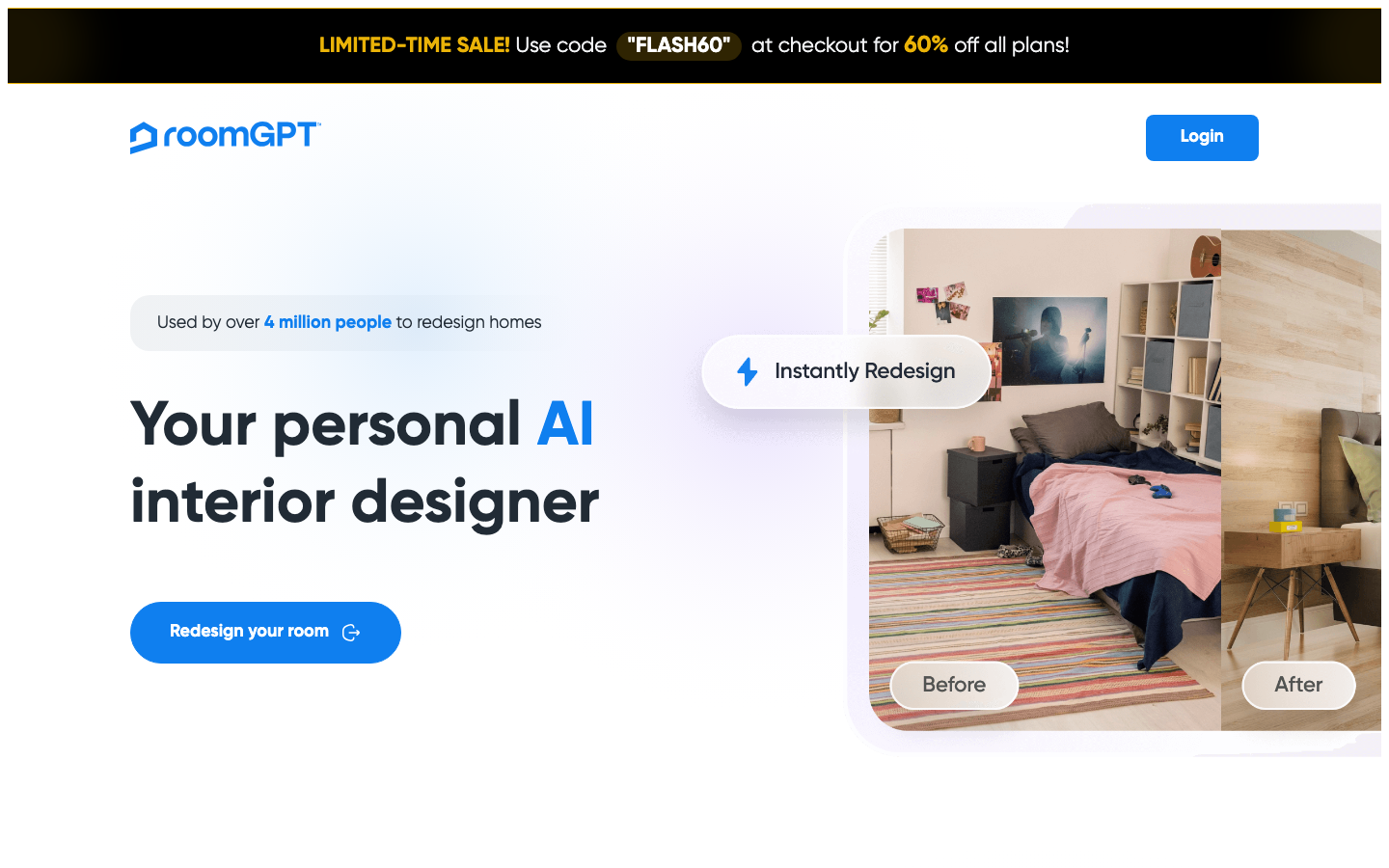 RoomGPT's homepage: the one-tap before/after flow, with pricing available only after login