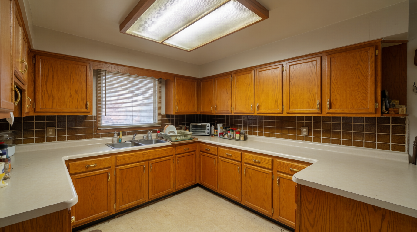 A dated 1990s kitchen with honey-oak cabinets and a fluorescent box light, generated on Krea as the test room