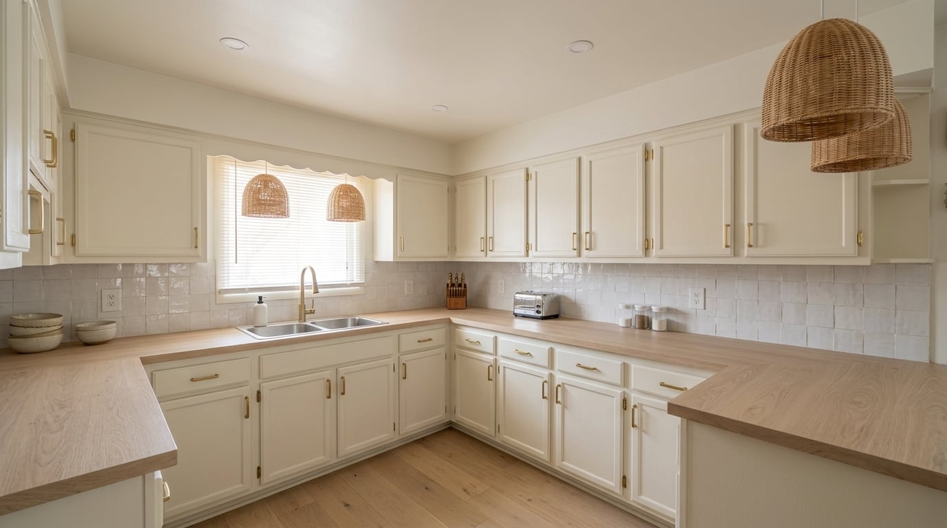 The same kitchen redesigned on Krea by instruction: soft white cabinets, zellige backsplash, woven pendants, pale oak counters, architecture unchanged