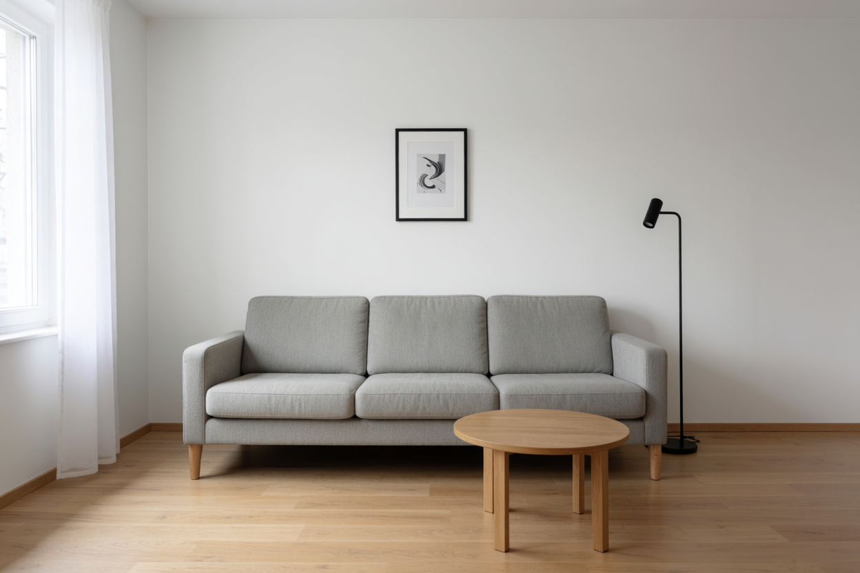 The starting room: grey sofa, white wall, one print, a floor lamp and a round oak table, generated on Krea as the test room