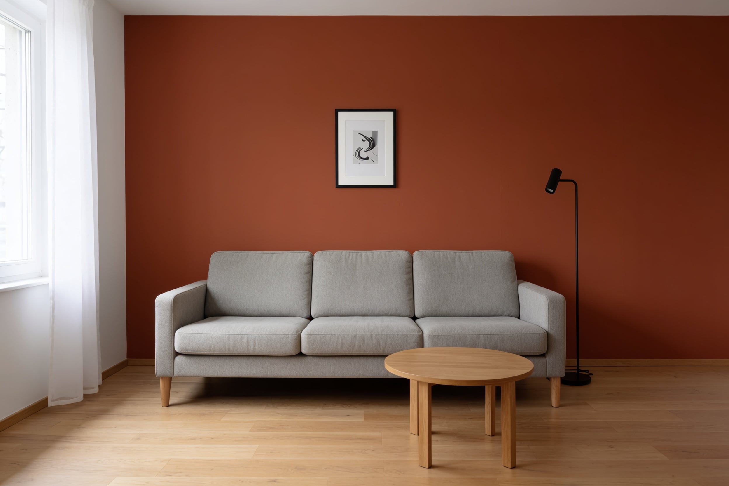 The same room after one instruction: the wall is terracotta, every other object and the lighting unchanged, edited on Krea