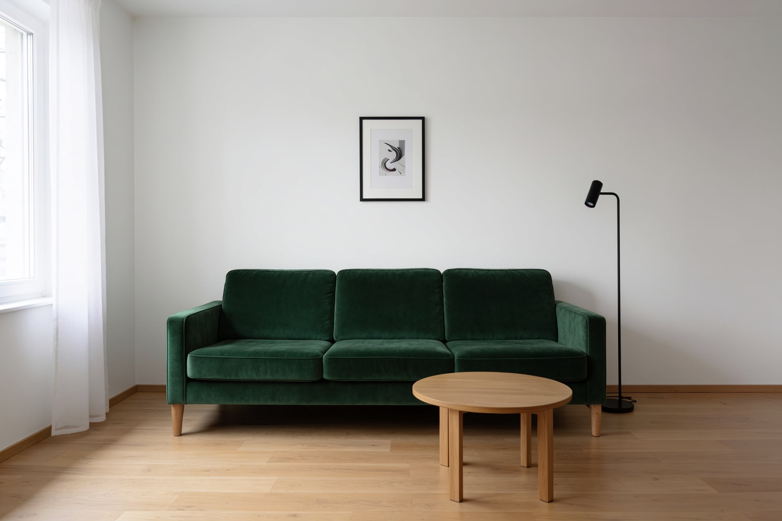 The same room after a different single instruction: a forest-green velvet sofa, the white wall and everything else held, edited on Krea
