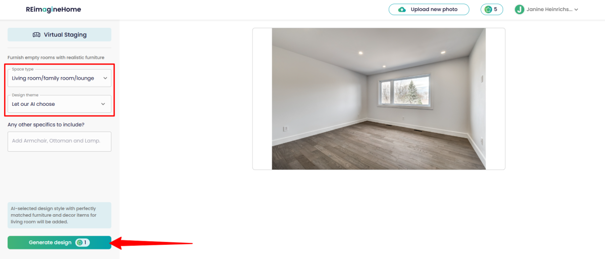 REimagine Home's staging panel: space type, design theme set to "Let our AI choose", an optional specifics field, and a Generate design button priced at 1 credit (screenshot via Unite.AI's hands-on review)